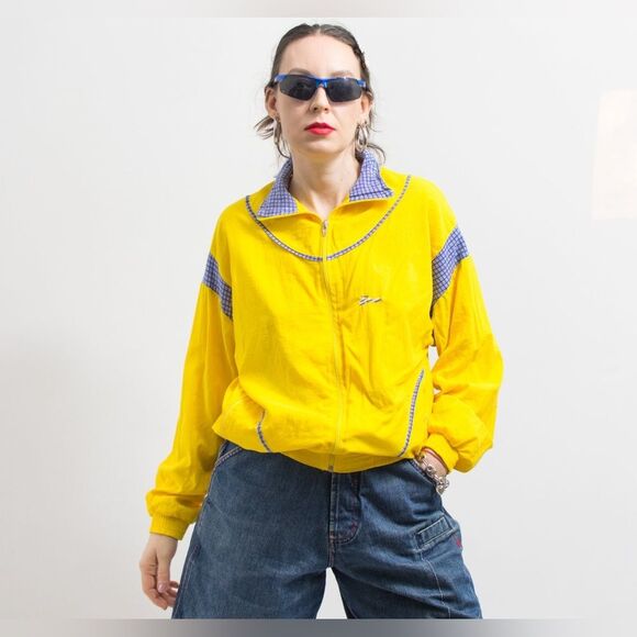 VINTAGE 90s Yellow Zip Track Jacket Windbreaker | Blue+White Checker Accents Y2K - Picture 2 of 5